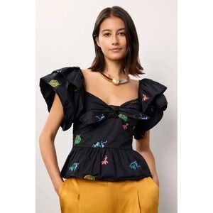 Hofmann Copenhagen Mikela Top Black Embroidered Ruffle Sleeve Blouse Sz 36/ 4 US
